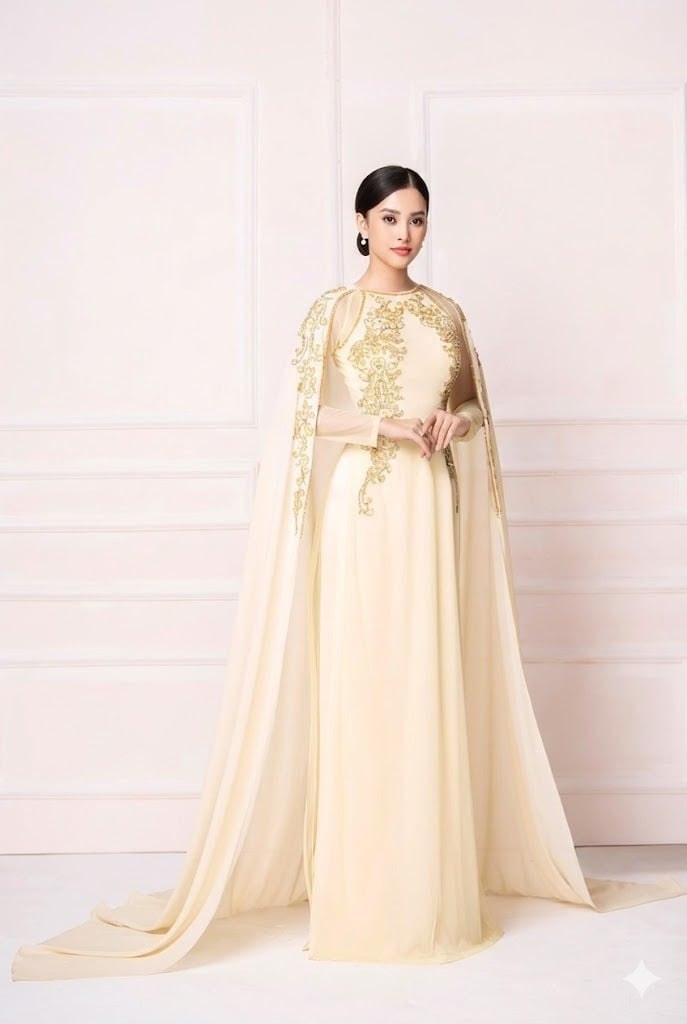 20. Mẫu áo dài màu kem vàng đính kết hoàng gia kèm áo choàng