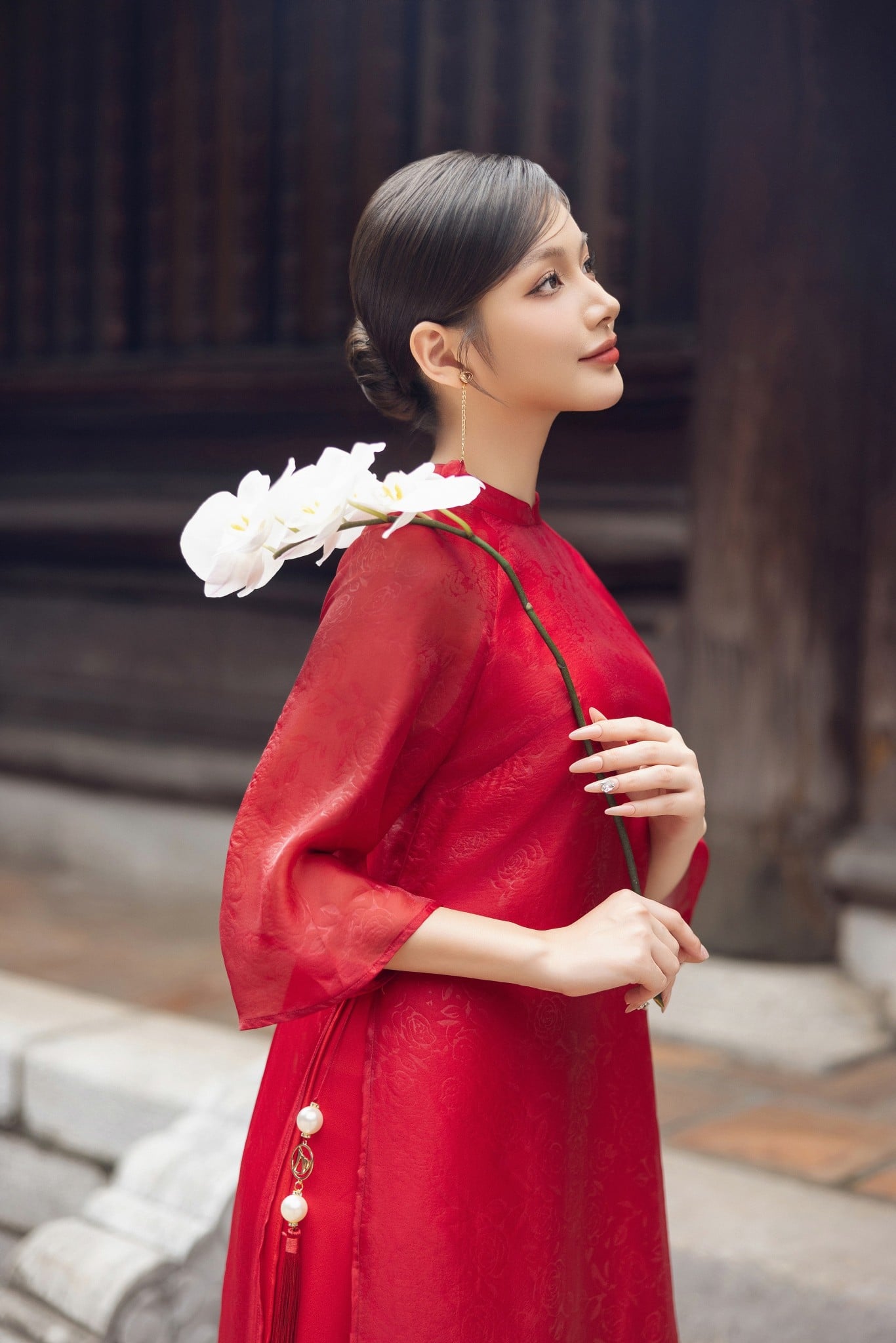 Áo dài đỏ họa tiết