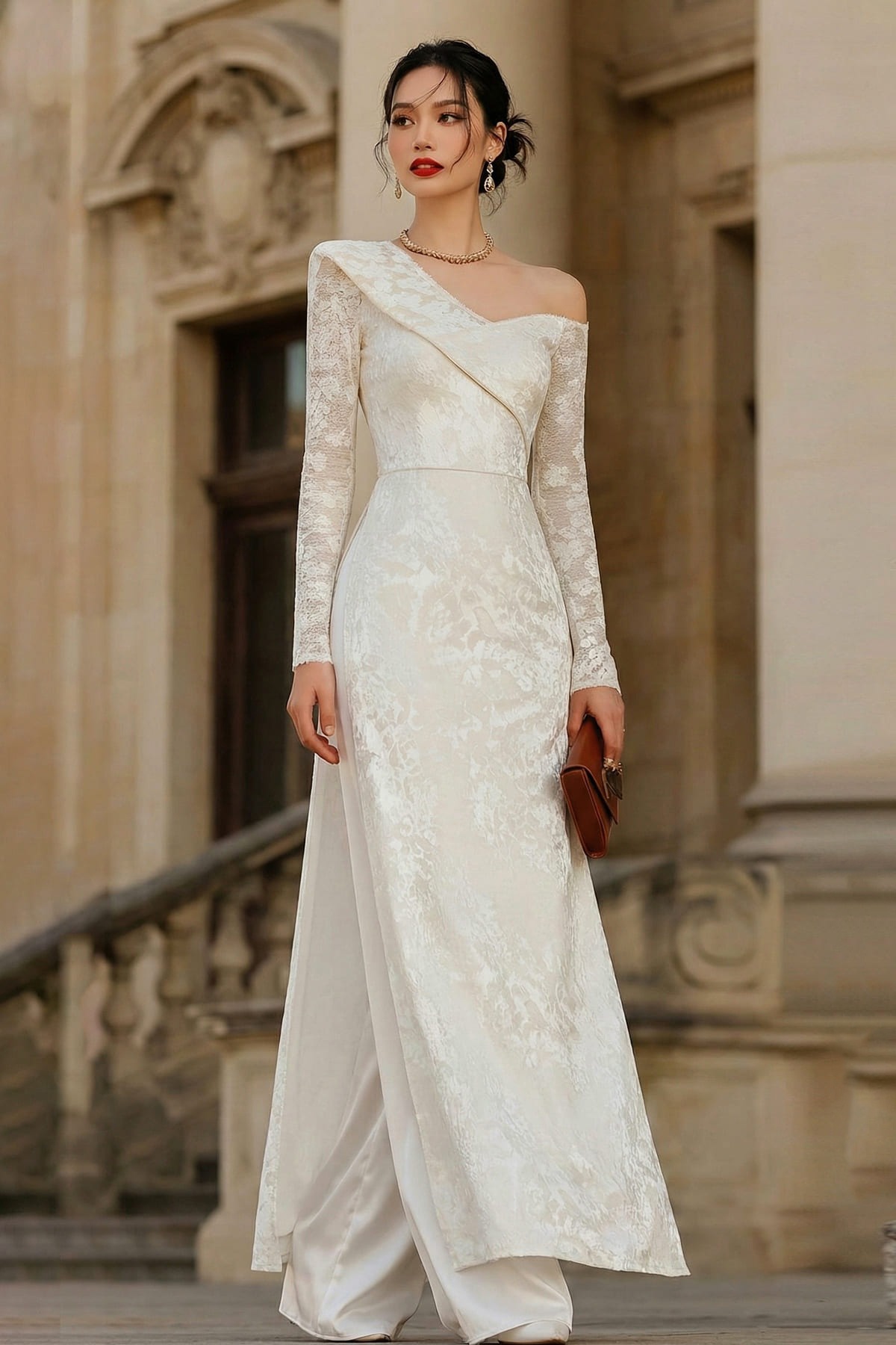 19. Áo dài gấm trắng lệch vai hiện đại