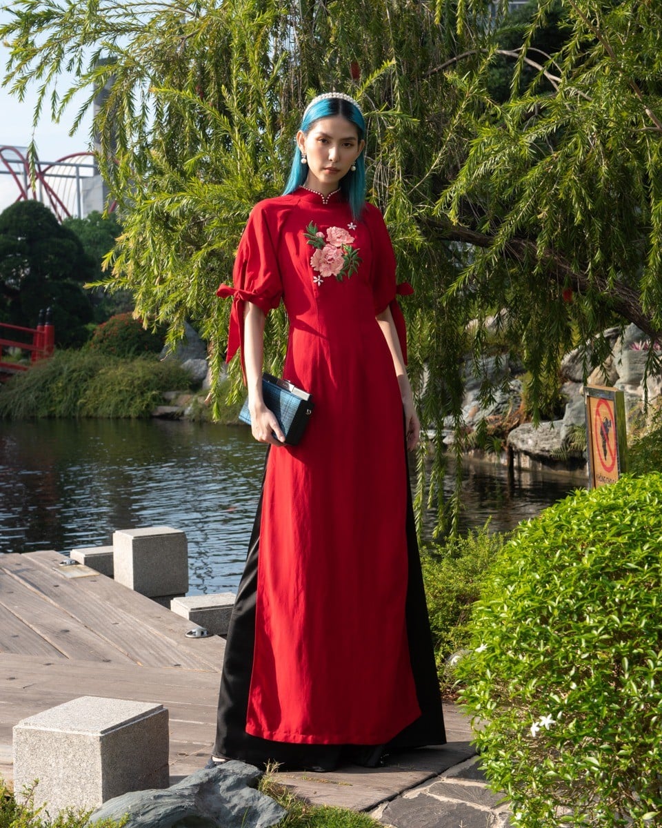 Áo dài linen tay phồng