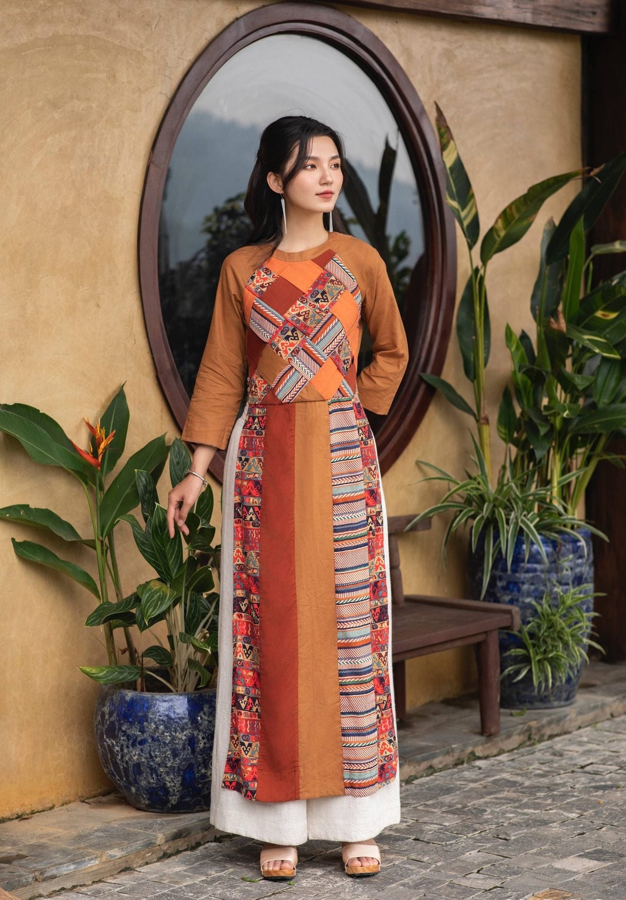 Áo dài linen phối màu