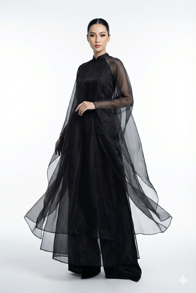 Áo dài đen phối tơ organza nhiều lớp