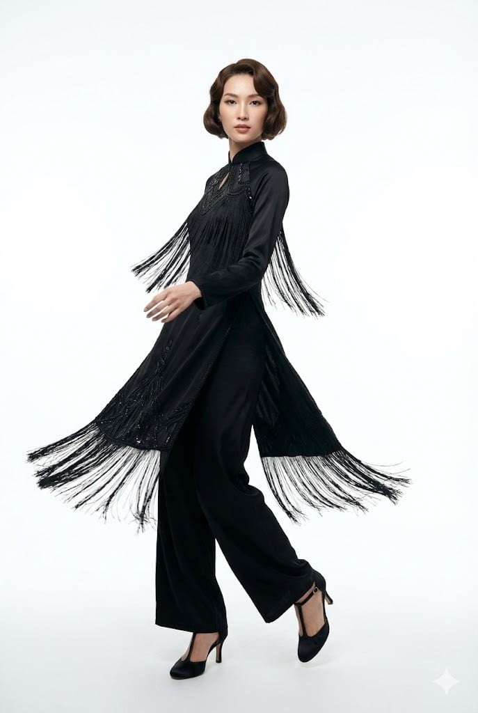 Áo dài đen đính tua rua phong cách Retro