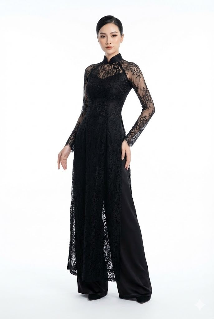 Áo dài đen chất liệu ren xuyên thấu tinh tế
