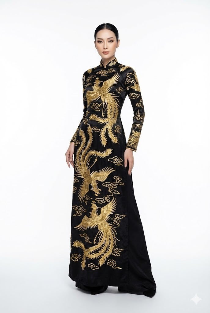 Áo dài đen thêu chỉ vàng phong cách hoàng gia