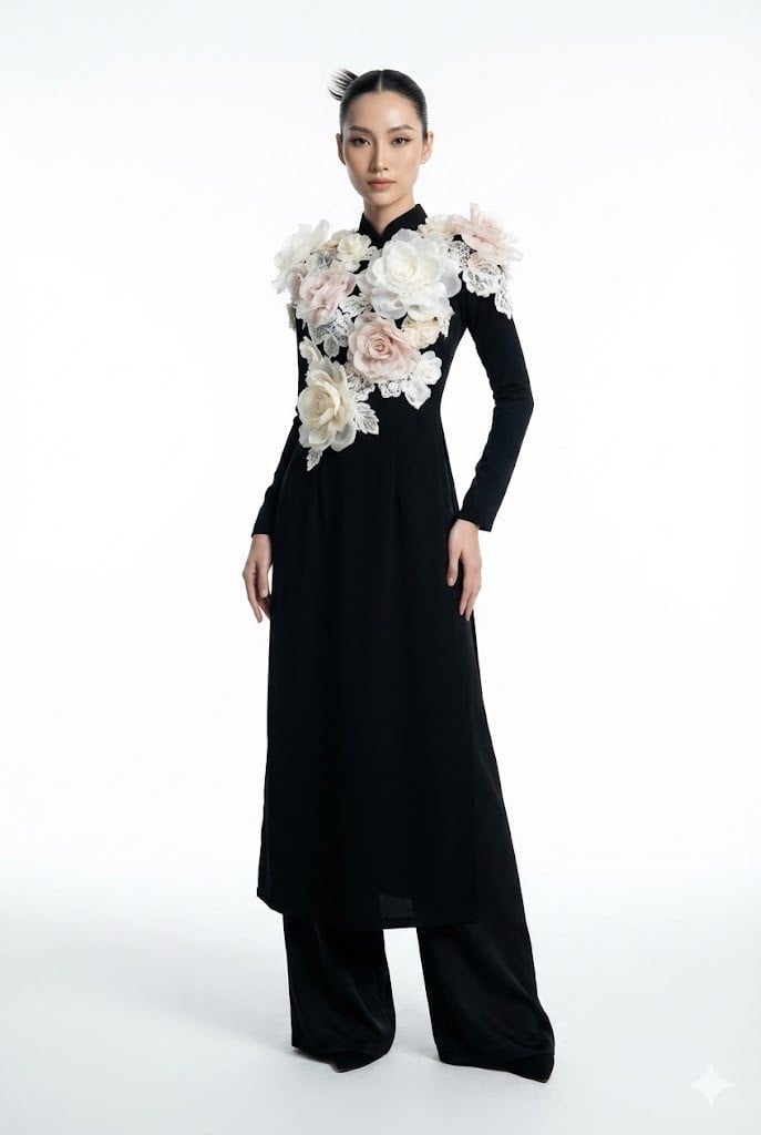 Áo dài đen đính kết hoa 3D nổi