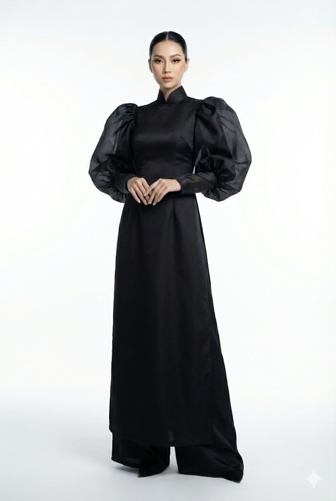 Áo dài đen thiết kế tay bồng tiểu thư