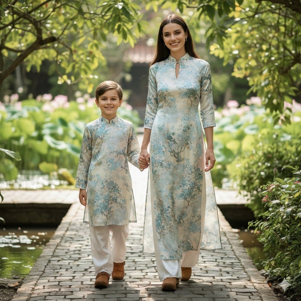 Áo dài cách tân cho mẹ và bé trai vạt lửng năng động