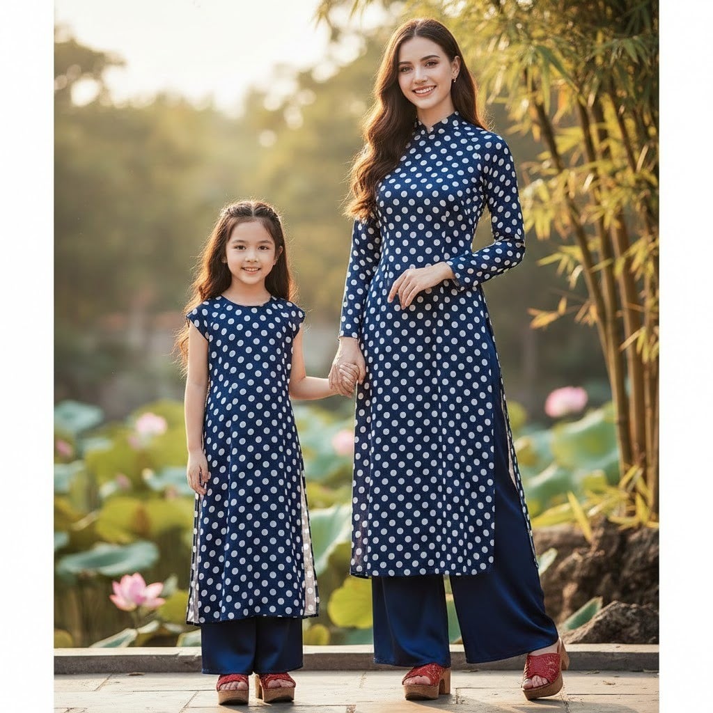 Áo dài chấm bi mẹ và bé phong cách Vintage
