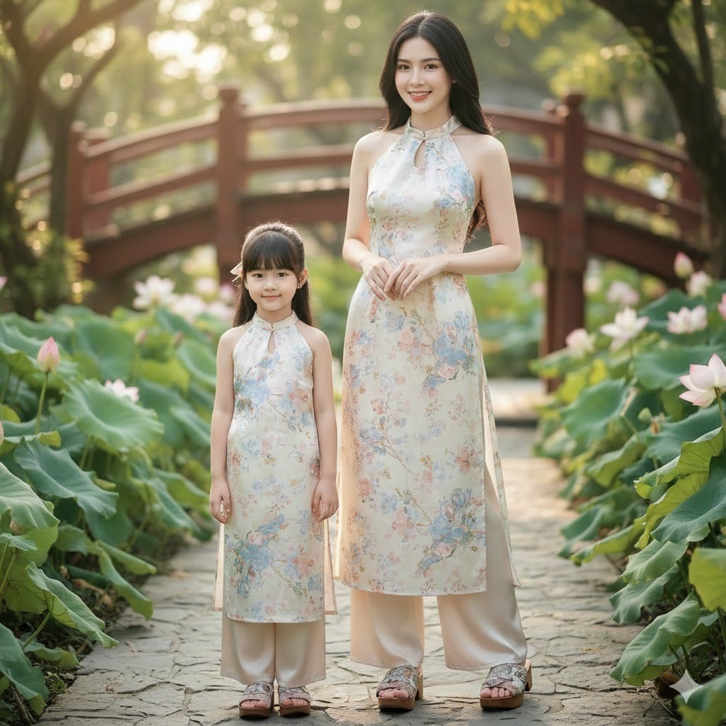 Áo dài yếm cách tân mẹ và bé