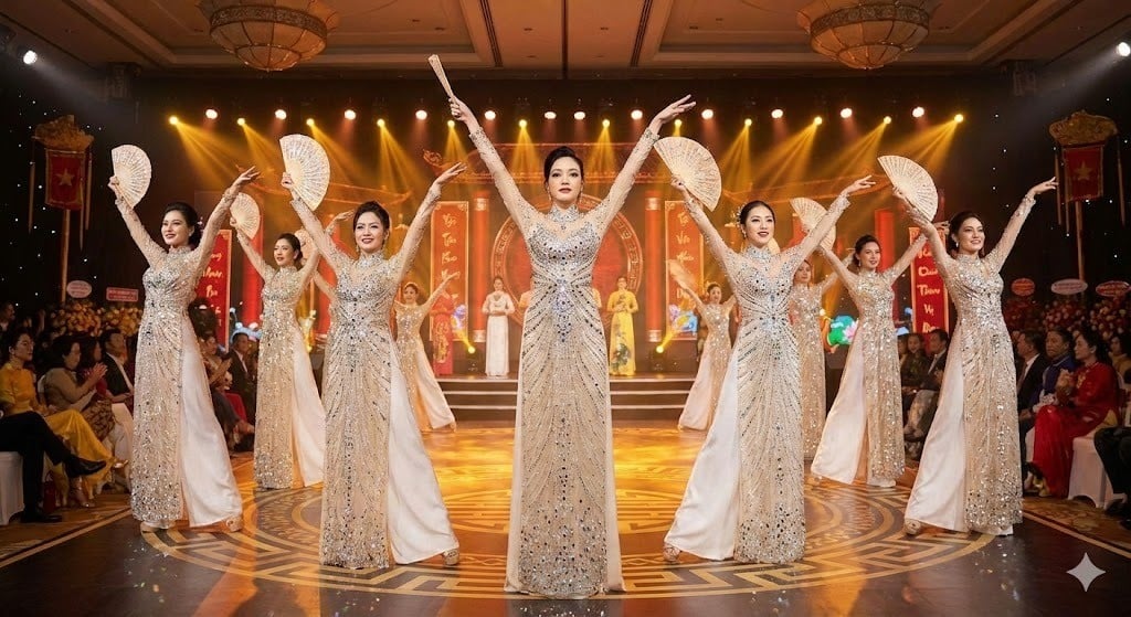 12. Áo dài múa đính cườm, kết đá lấp lánh