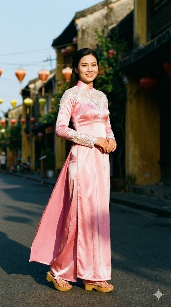 Áo dài phi bóng phối ren