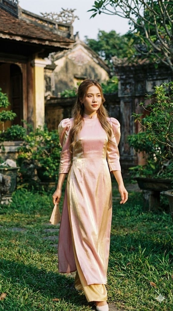 Áo dài phi bóng màu hồng