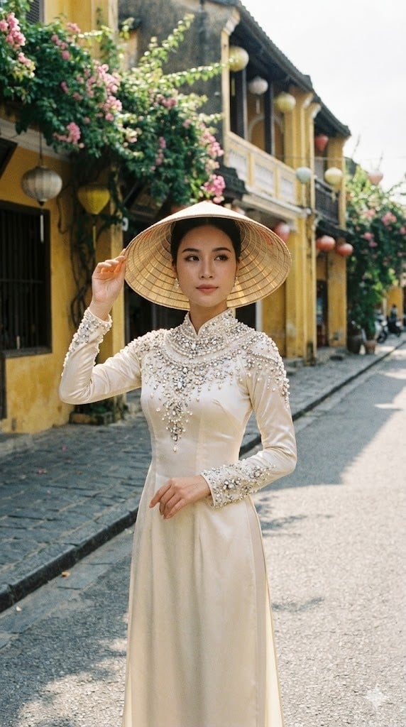 Áo dài phi bóng đính kết ngọc trai/đá