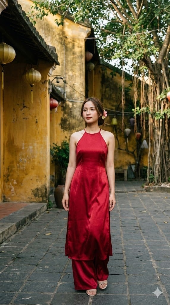 Áo dài phi bóng cổ yếm/cổ thuyền