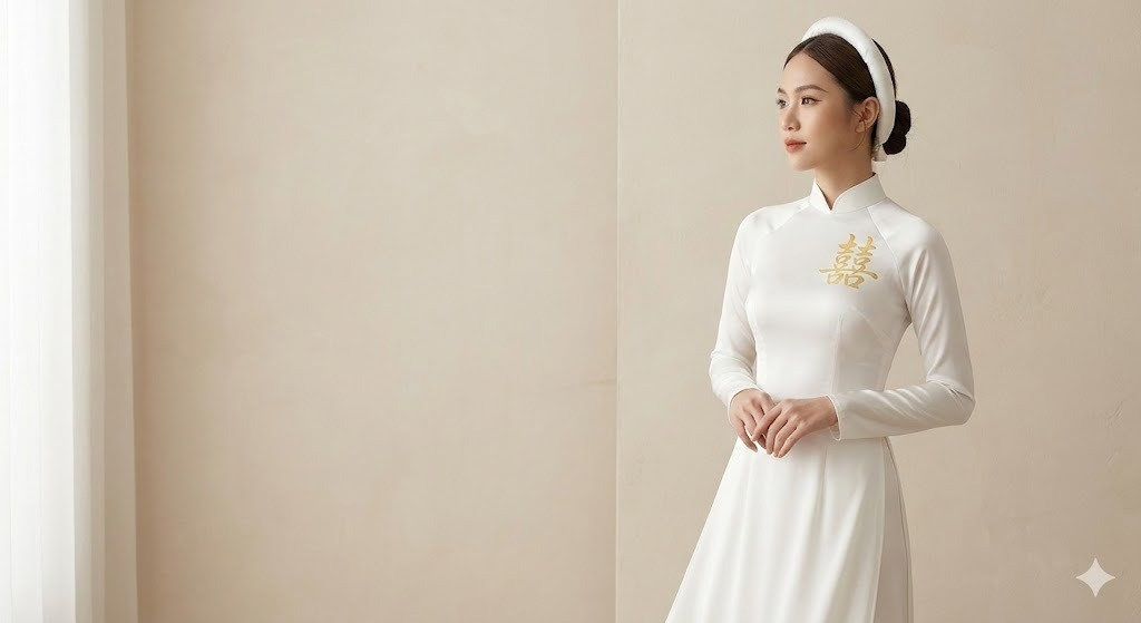 2. Áo dài song hỷ lụa tơ tằm trắng vẽ chỉ vàng tinh tế