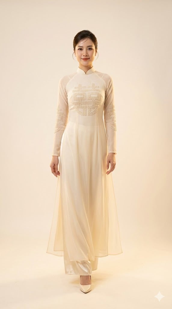 4. Áo dài song hỷ vải voan đính kết ngọc trai sang trọng
