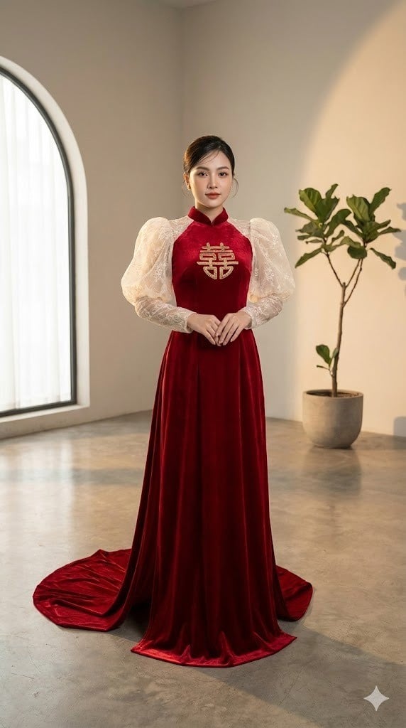 6. Mẫu áo dài song hỷ tay phồng phối ren