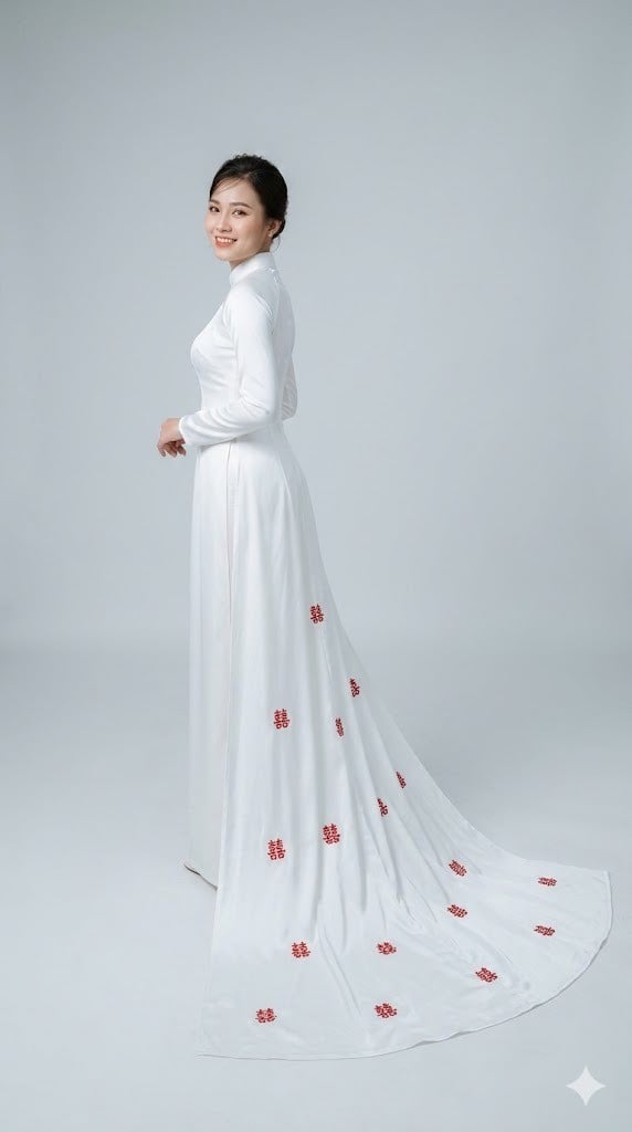 10. Mẫu áo dài song hỷ có tà sau dài thướt tha