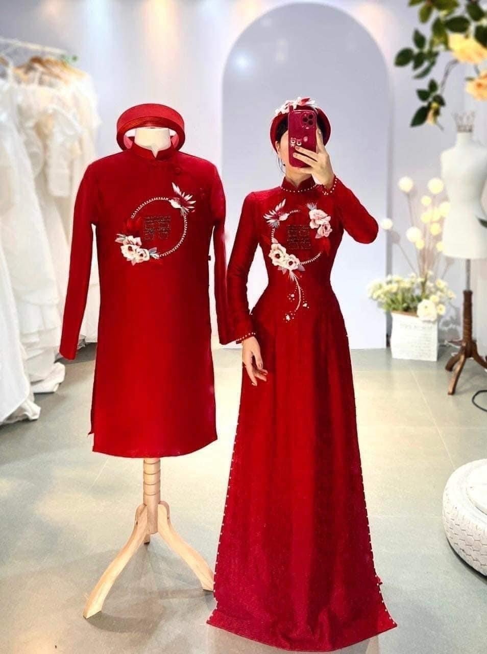 19. Mẫu áo dài song hỷ chiết eo cao hack dáng