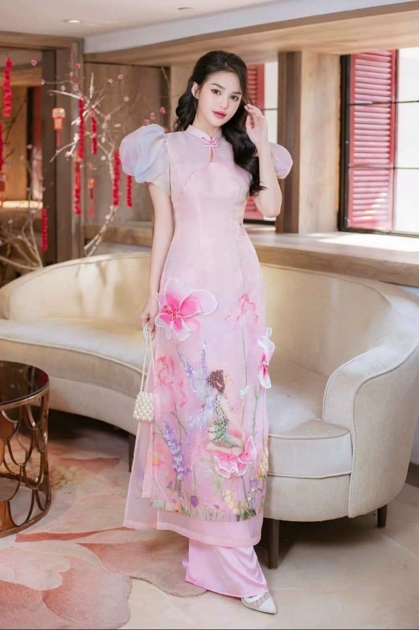 Áo dài tay phồng organza màu hồng phấn đính hoa 3D