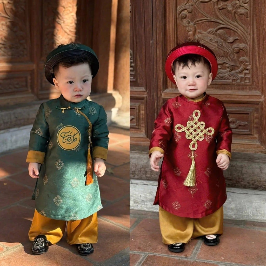 Mẫu áo dài tết cho bé trai kèm khăn xếp