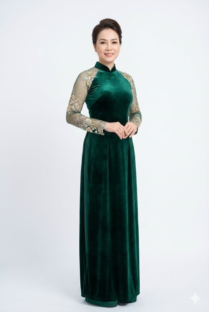 Áo dài trung niên tay phối lưới thêu chỉ nhũ