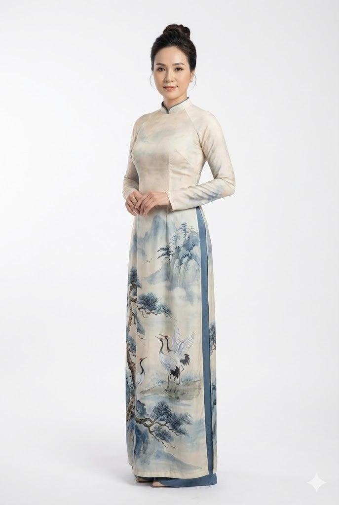 Áo dài trung niên vẽ tay nghệ thuật