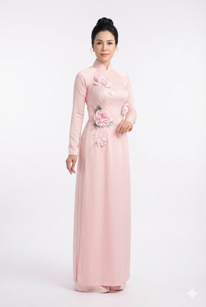 Áo dài trung niên đính hoa vải 3D nổi