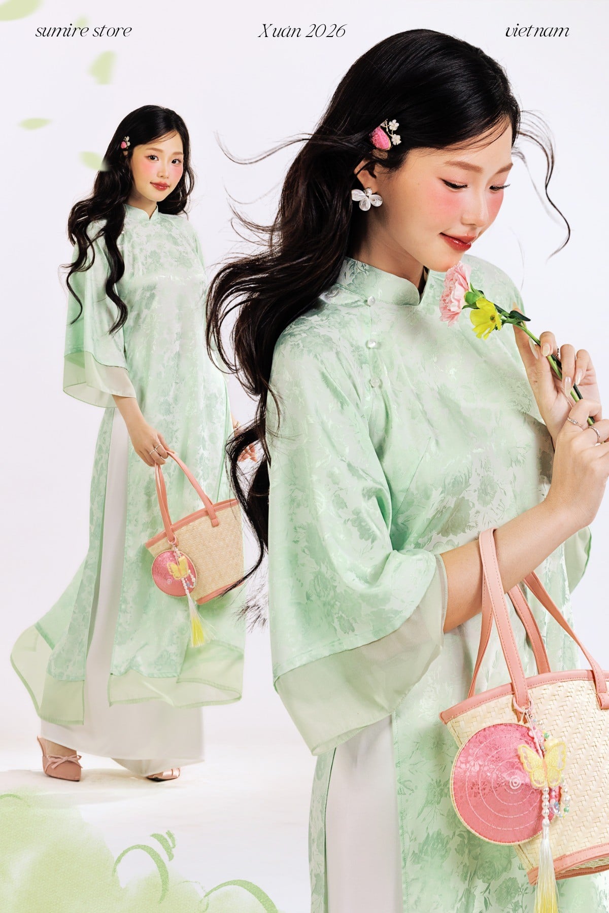 Gợi ý phối phụ kiện tinh tế cùng áo dài xanh lá