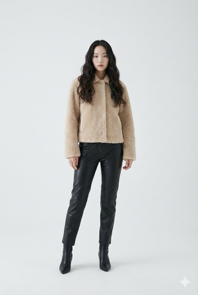 Áo khoác lông cừu phối cùng quần Da (Leather Pants)