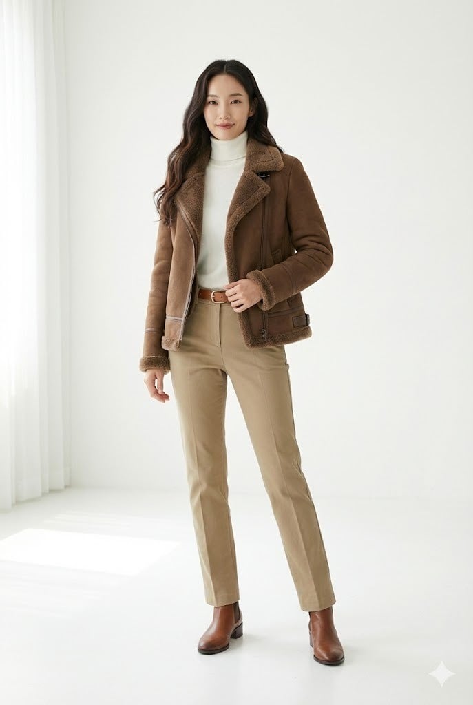 Áo khoác lông cừu phối cùng áo len cổ lọ và quần Khaki ống đứng