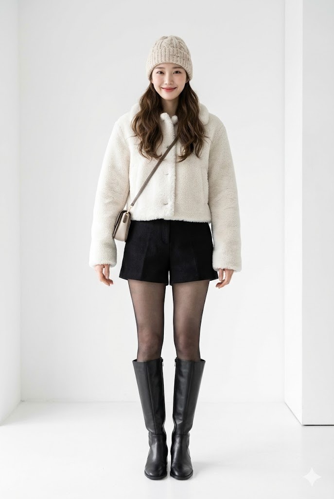 Áo khoác lông cừu phối cùng quần Shorts và quần tất đen