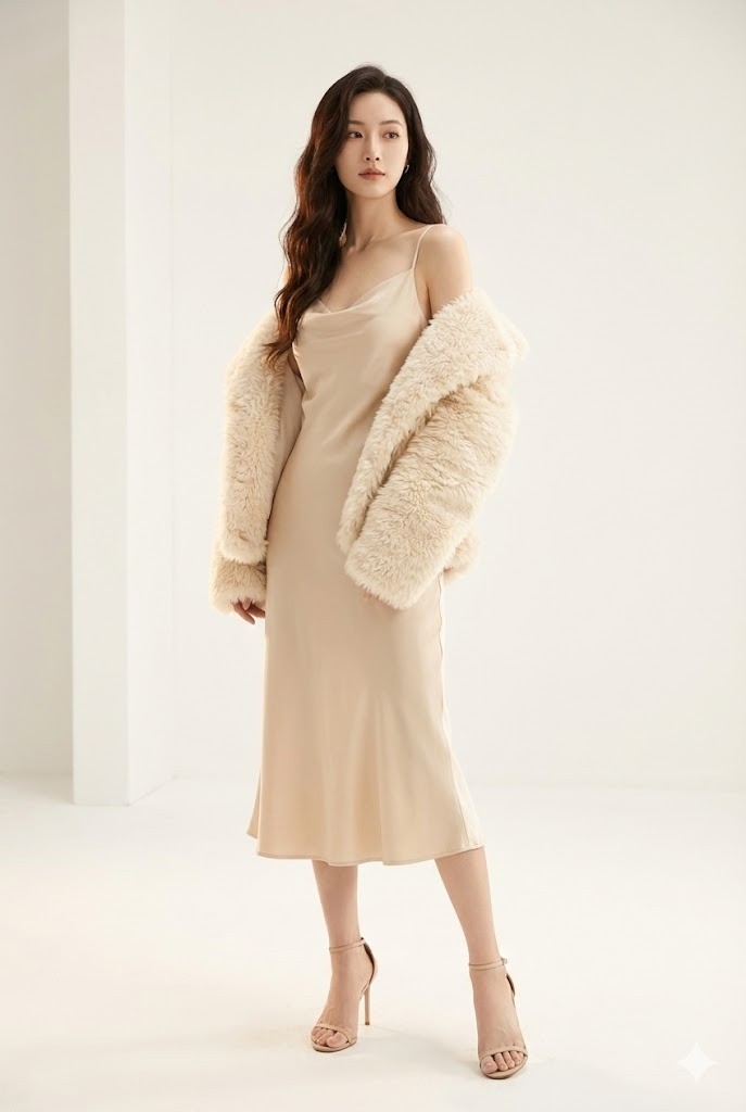Áo khoác lông cừu phối cùng váy lụa (Slip Dress)