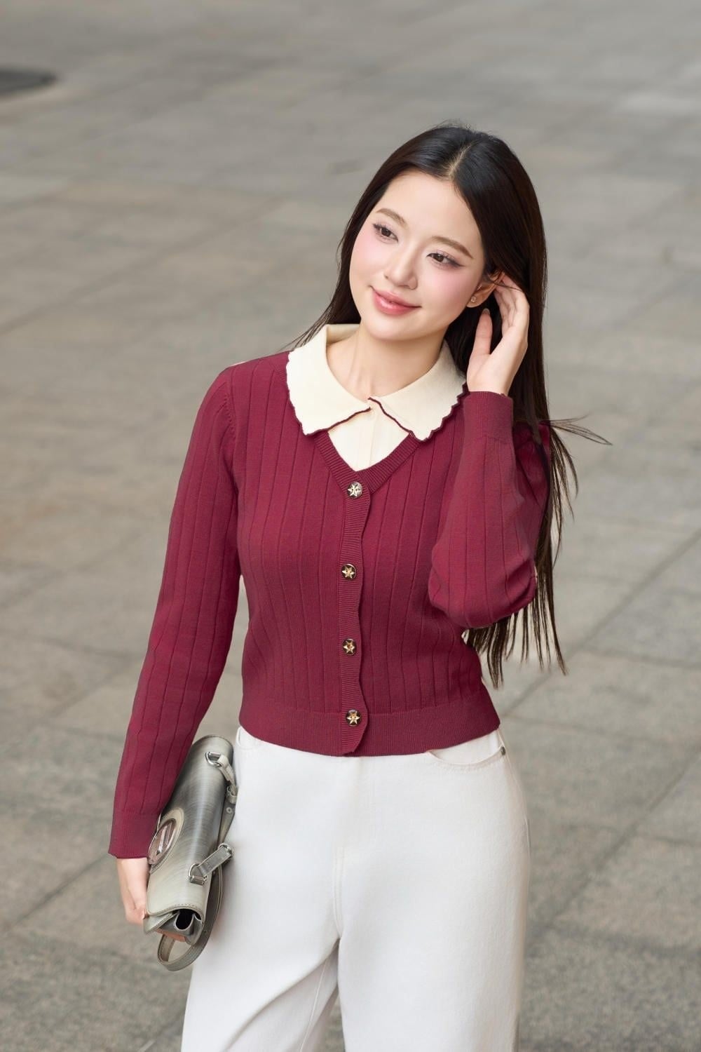 Áo khoác len đỏ đô phối cổ bẻ vintage