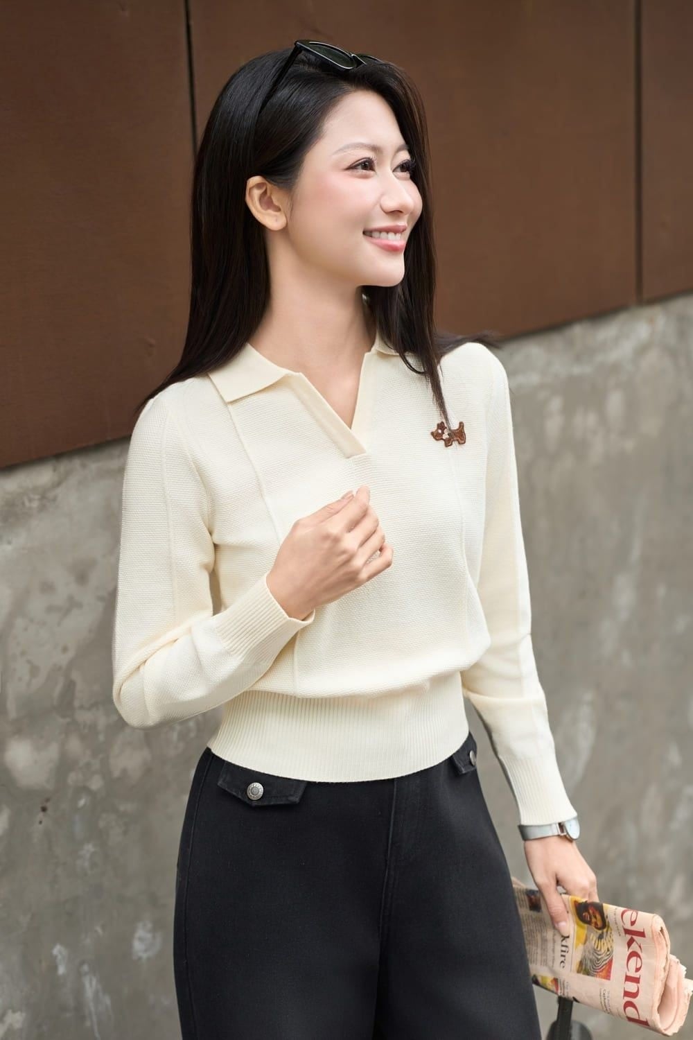 Áo len cổ Polo thêu biểu tượng gấu nhỏ tinh tế