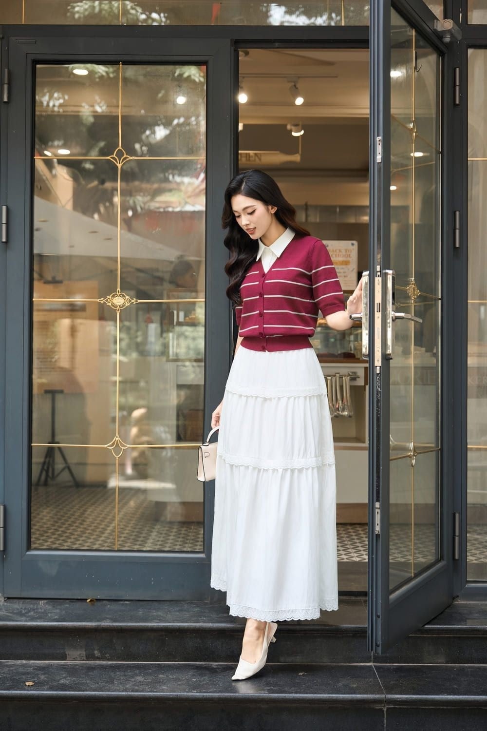 Chân váy midi xếp ly + Áo Len Cổ Tim