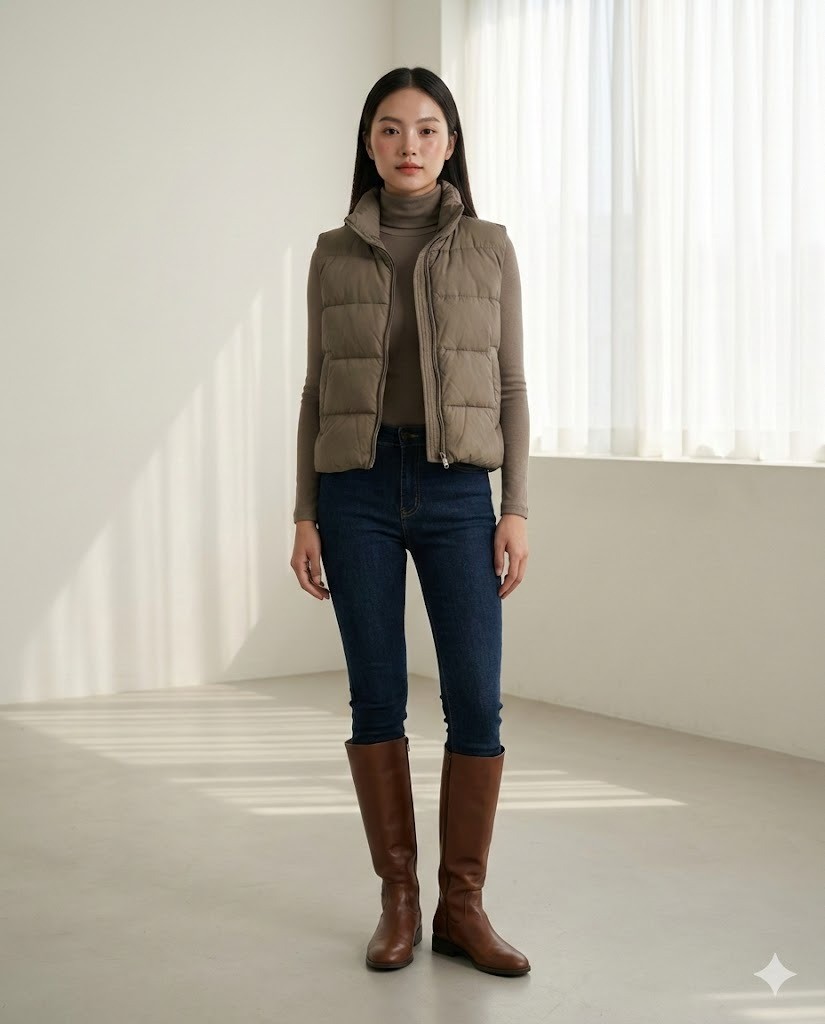 6. Layering ấm áp với áo phao nữ và boots da