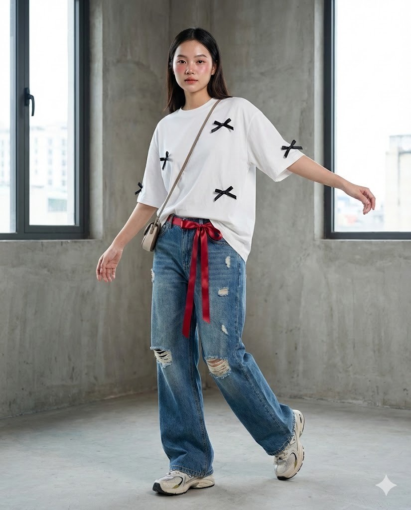 Cá tính và năng động khi kết hợp nơ với jeans và áo phông