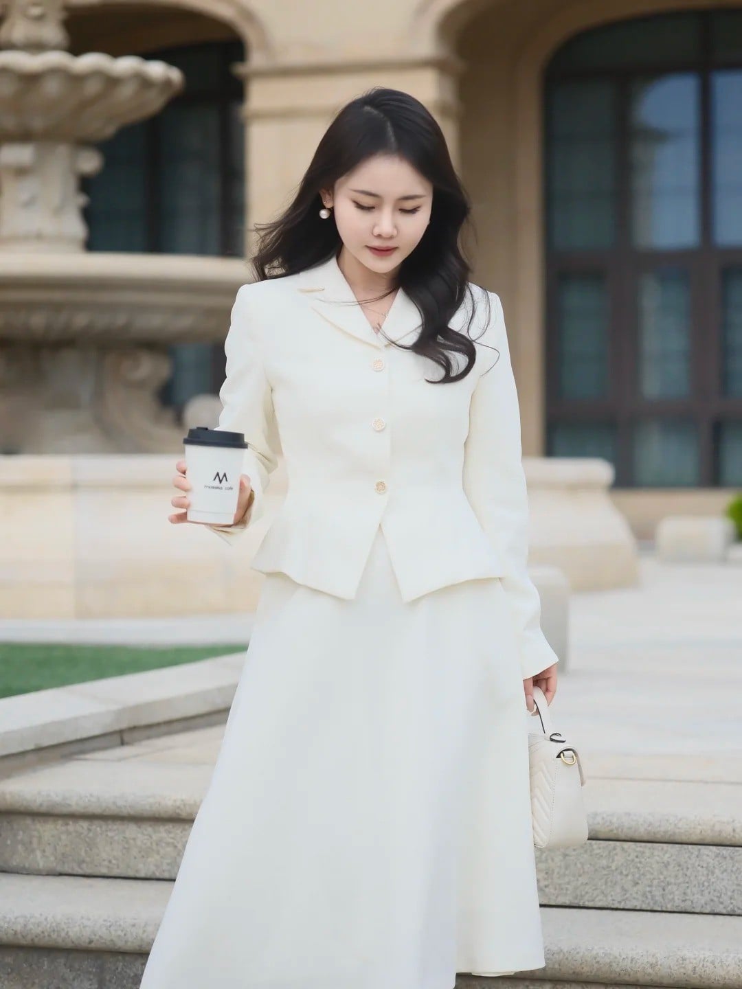 Áo vest trắng khoác ngoài váy lụa satin