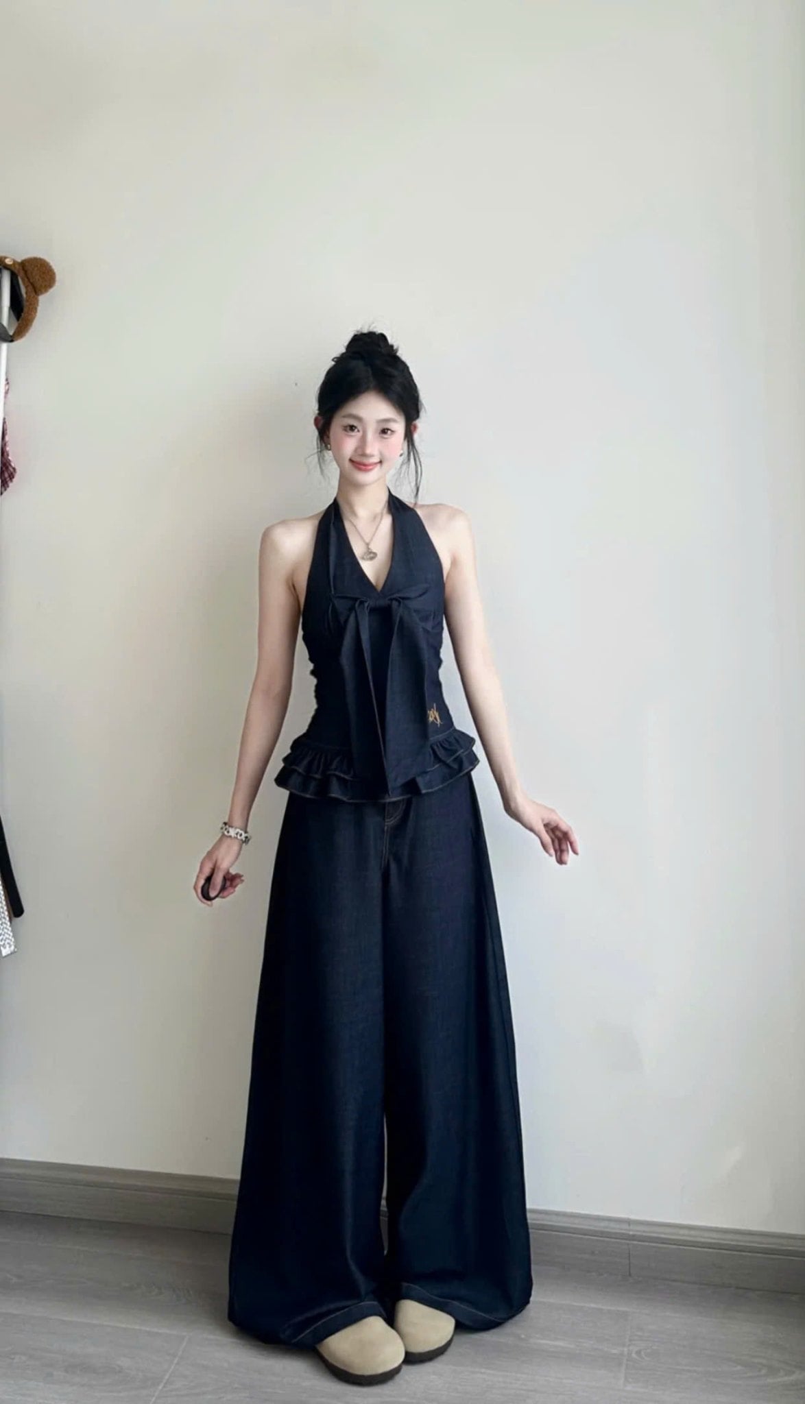 Áo yếm denim peplum màu xanh đậm