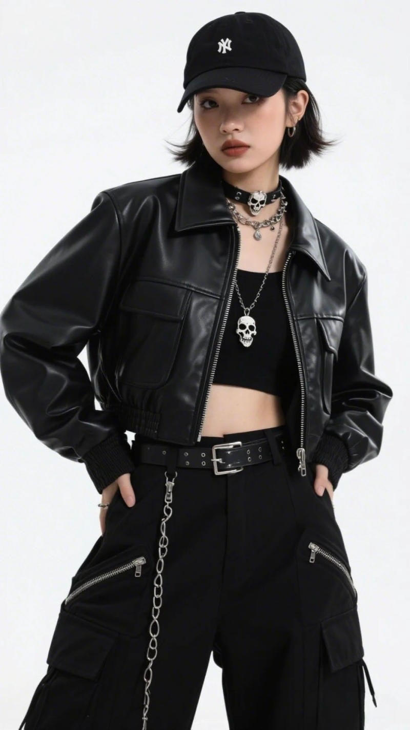 28. Áo khoác da cổ bẻ + Áo croptop đen + Quần cargo dây xích