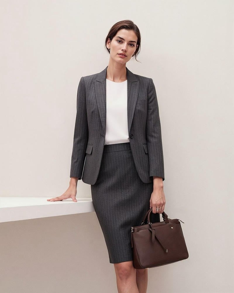 Bộ suit ghi kẻ sọc + Chân váy bút chì + Áo blouse trắng