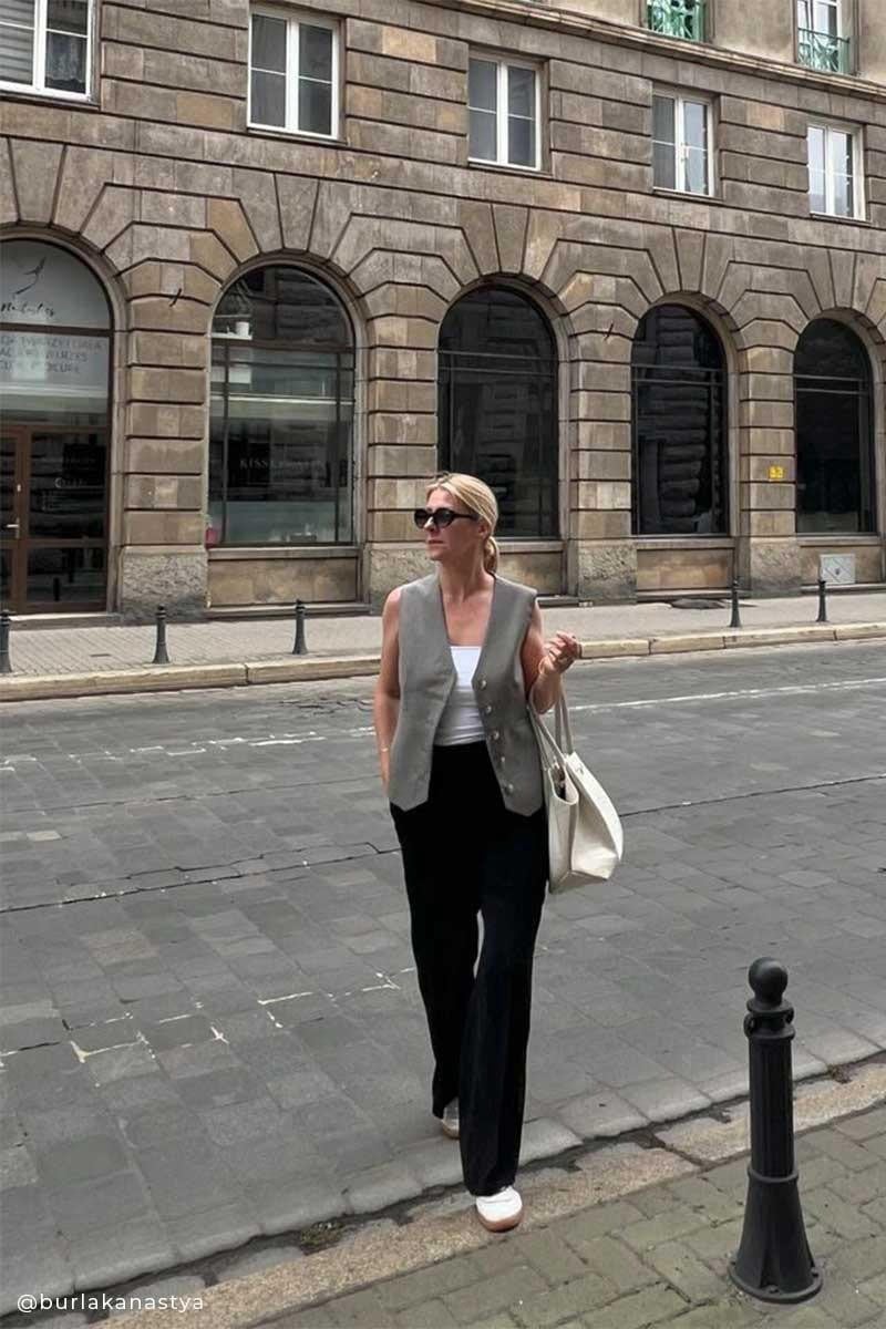 Áo gile vest màu ghi + Quần suông đen + Áo tank top trắng