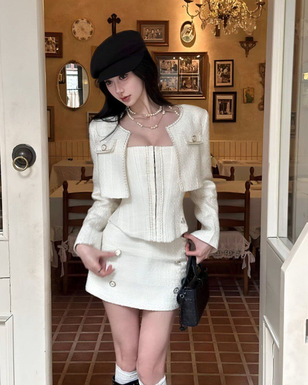 cách phối đồ với chân váy dạ tweed