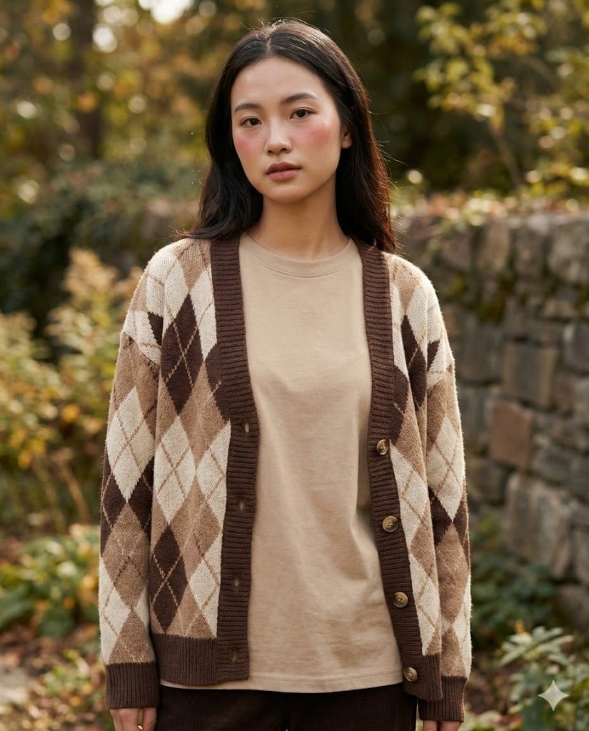 Cardigan Họa Tiết Ô Kim Cương Khoác Ngoài Áo Thun Trơn