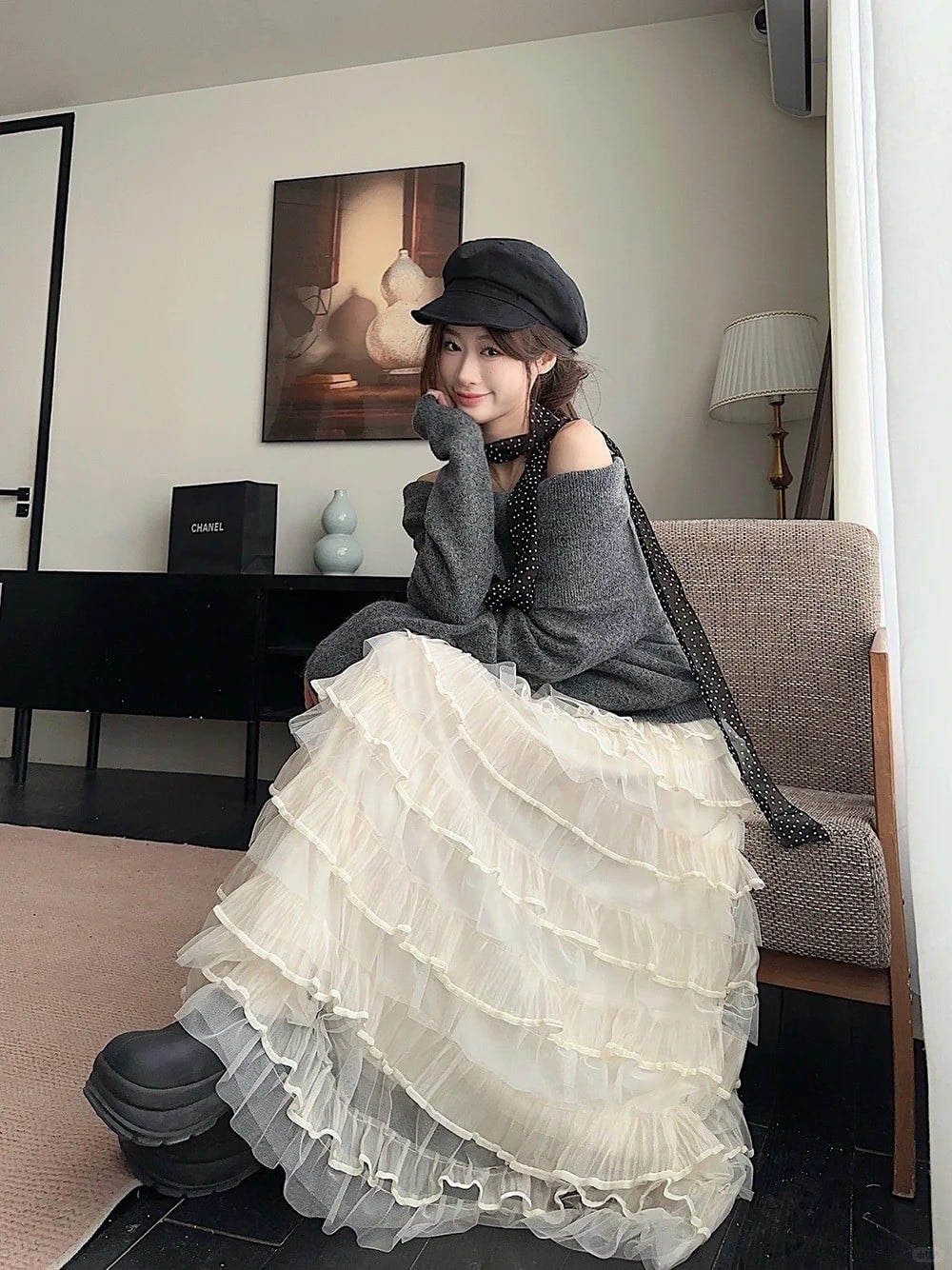 Set 15: Layering Áo len Gile + Sơ mi và Chân váy midi