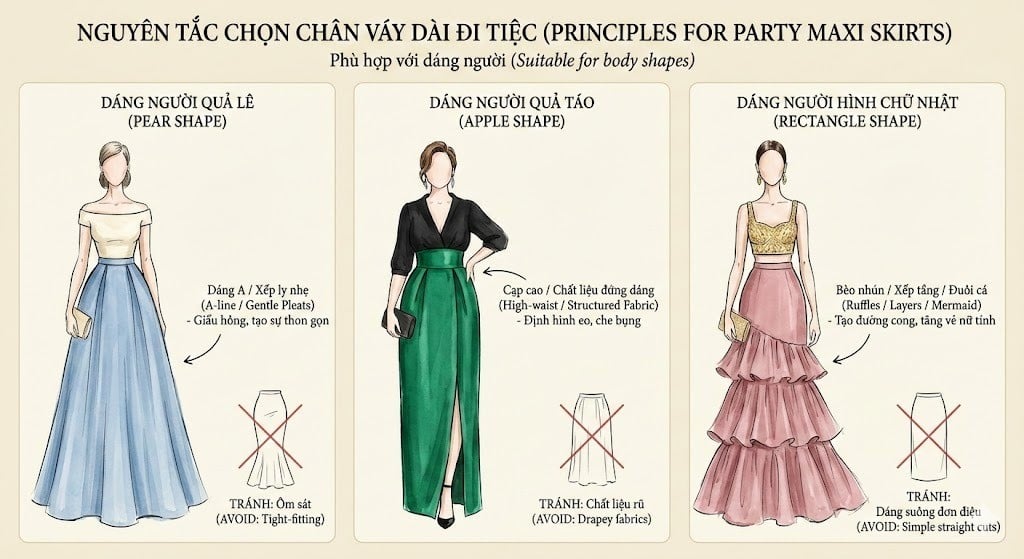 Nguyên tắc khi chọn chân váy dài đi tiệc phù hợp với dáng người