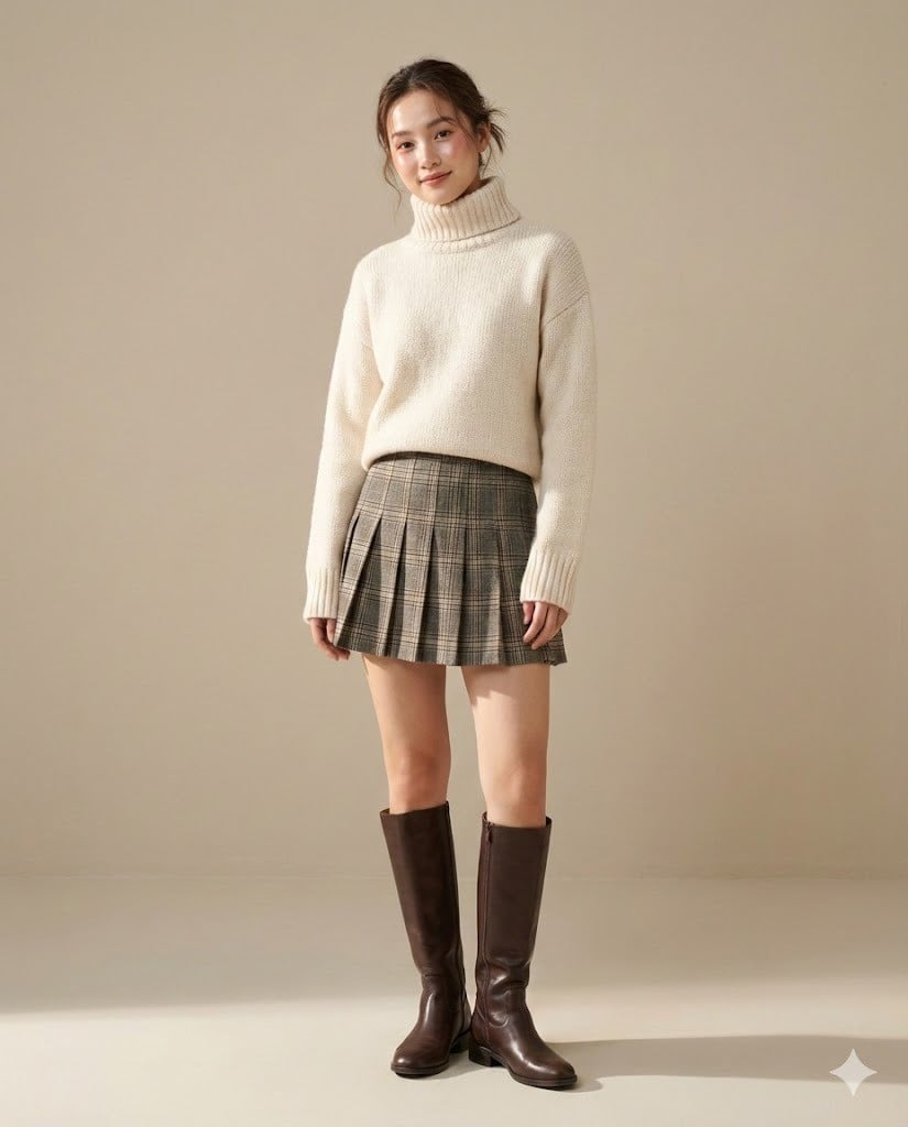 9. Dịu dàng với chân váy xếp ly và áo len cổ lọ