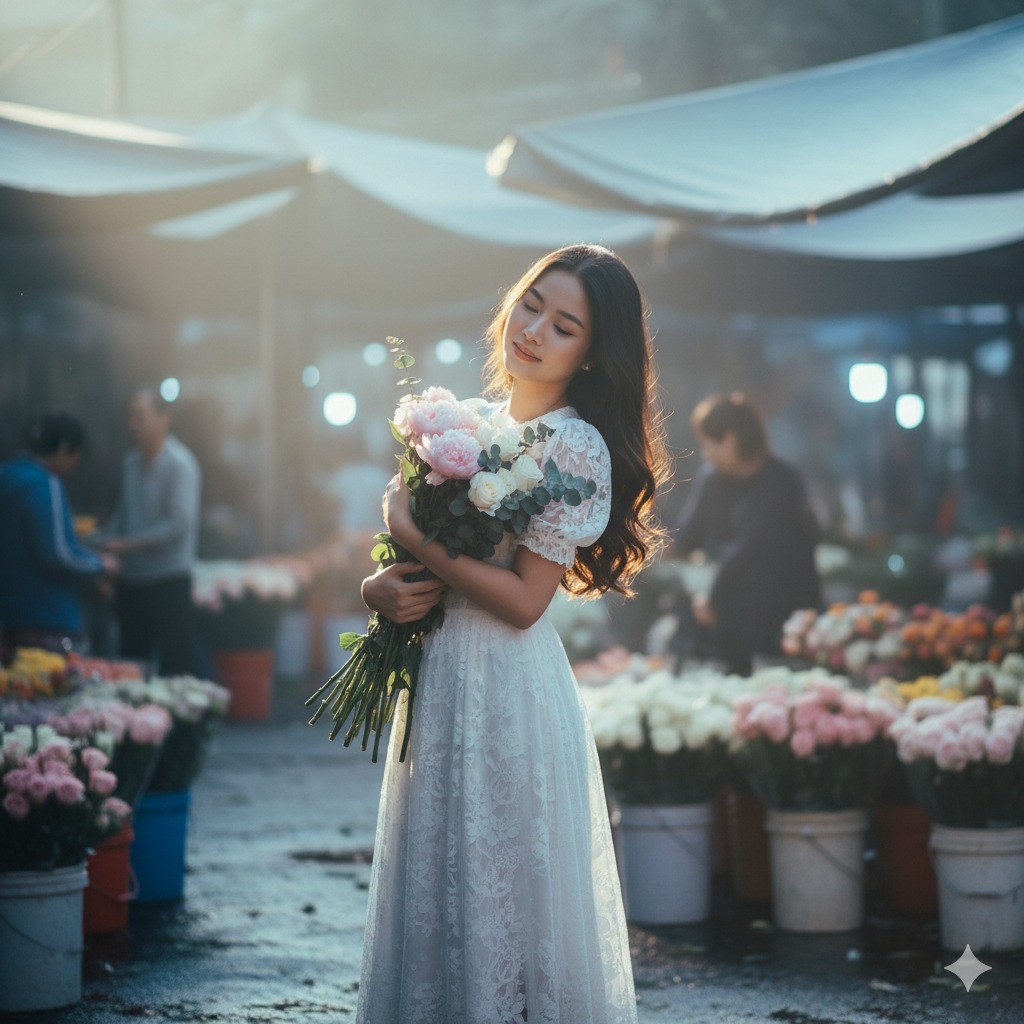 Dáng chụp tương tác với hoa và không gian